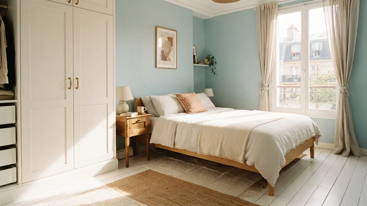 Warm white closet and pale blue walls making a small bedroom feel brighter
