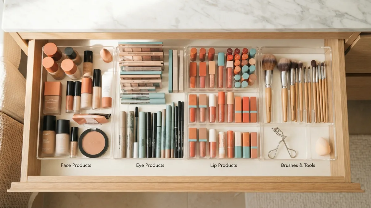Organized makeup drawer compartments Bathroom drawer with clear organizers separating face, eye, and lip makeup