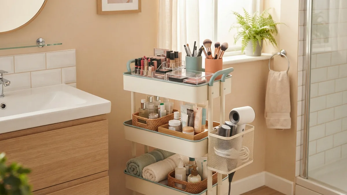 Slim cart for makeup and hair tools Slim bathroom cart holding makeup, brushes, and a cooled hair dryer