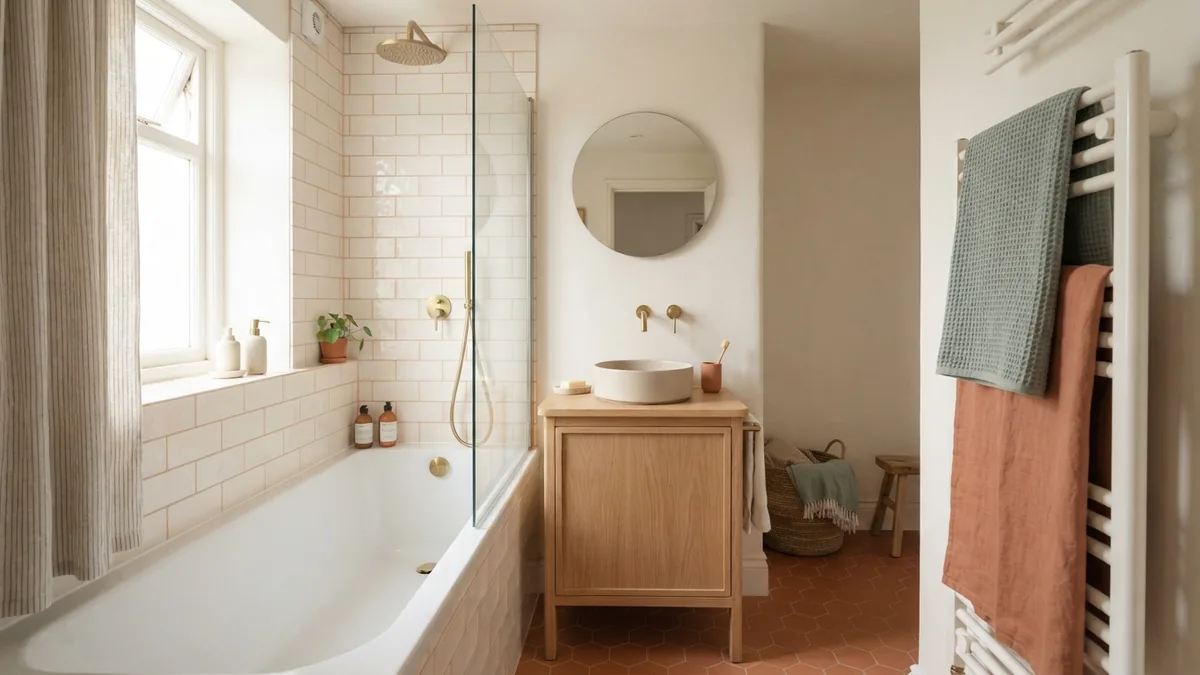 Compact bathroom layout with a small vanity and tub shower in a bright home