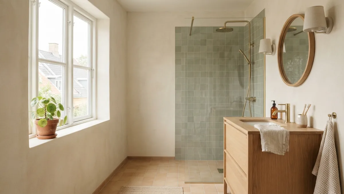 Bathroom materials and finish details Small bathroom finishes with a tiled shower, light wood vanity, and warm natural light