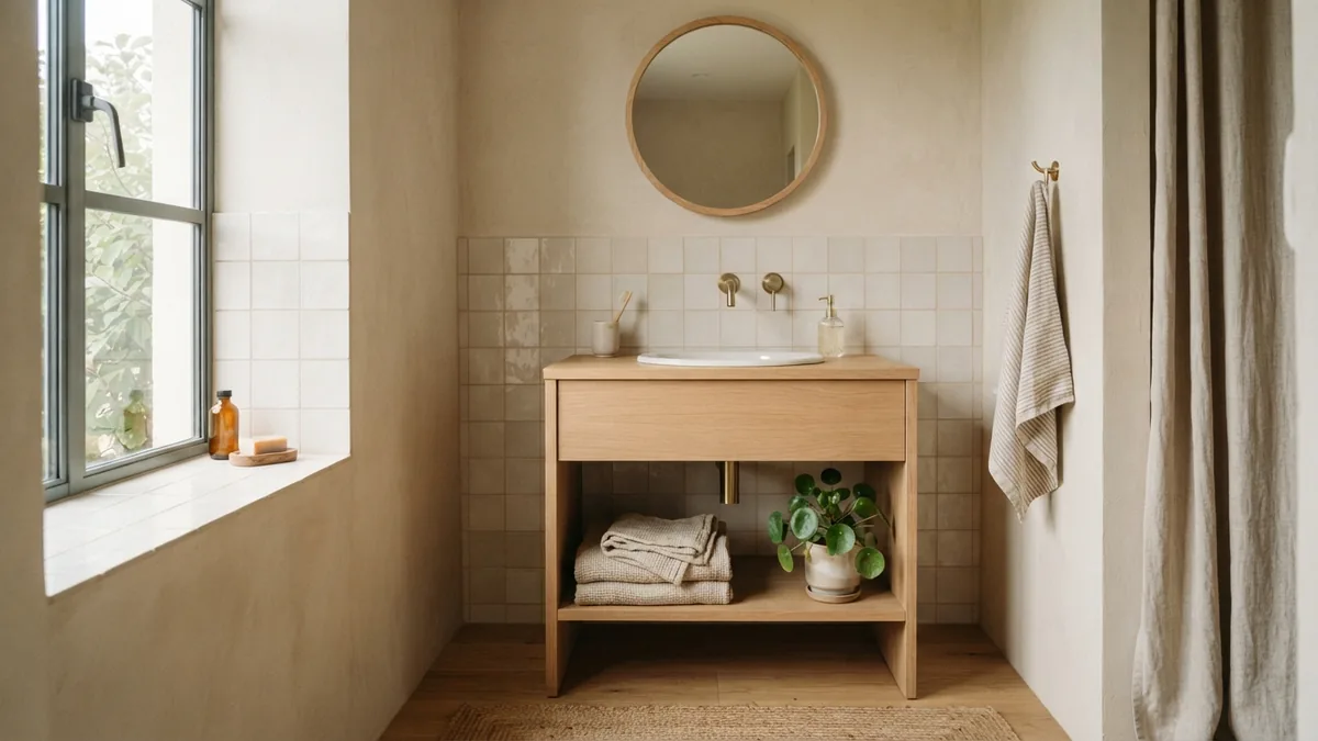 A calm, finished small bathroom Tidy small bathroom with beige tile, linen details, and a calm natural feel
