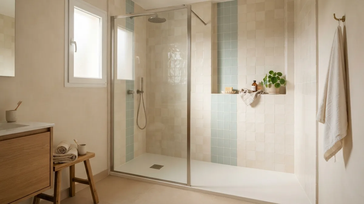 Ceramic and porcelain bathroom tile finishes Ceramic and porcelain tile surfaces in a calm apartment bathroom