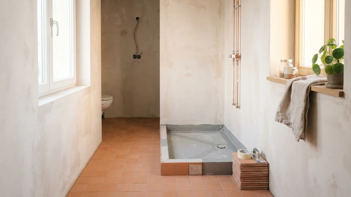 Bathroom surface preparation before tiling Prepared small bathroom floor and shower base during renovation work