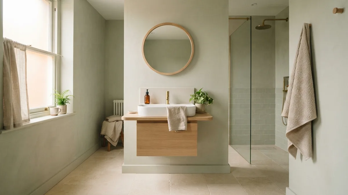 Large tiles in a small Scandinavian bathroom Small Scandinavian bathroom with large warm floor tiles and sage accents
