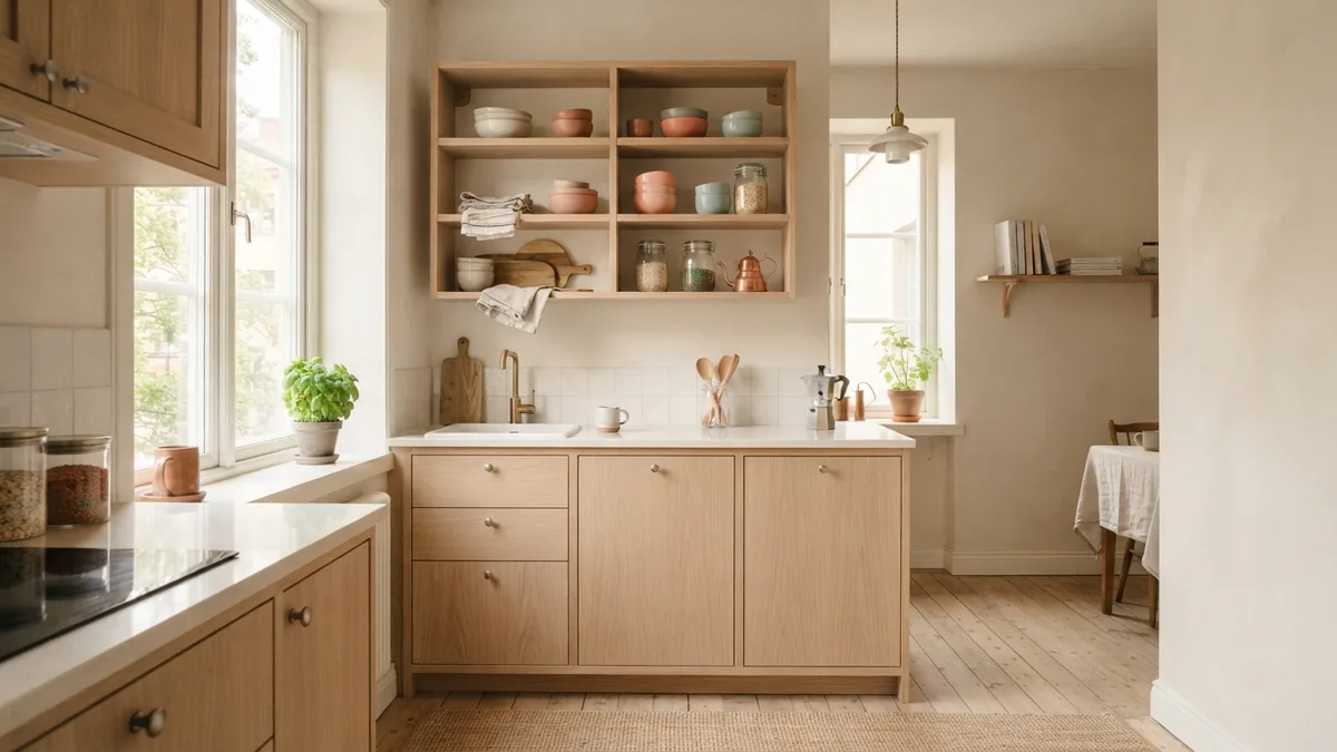 Compact Scandinavian kitchen with simple cabinets and pale wood storage