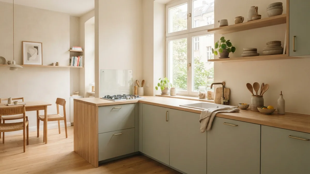 Small kitchen with soft sage cabinets, cream walls, and pale oak accents