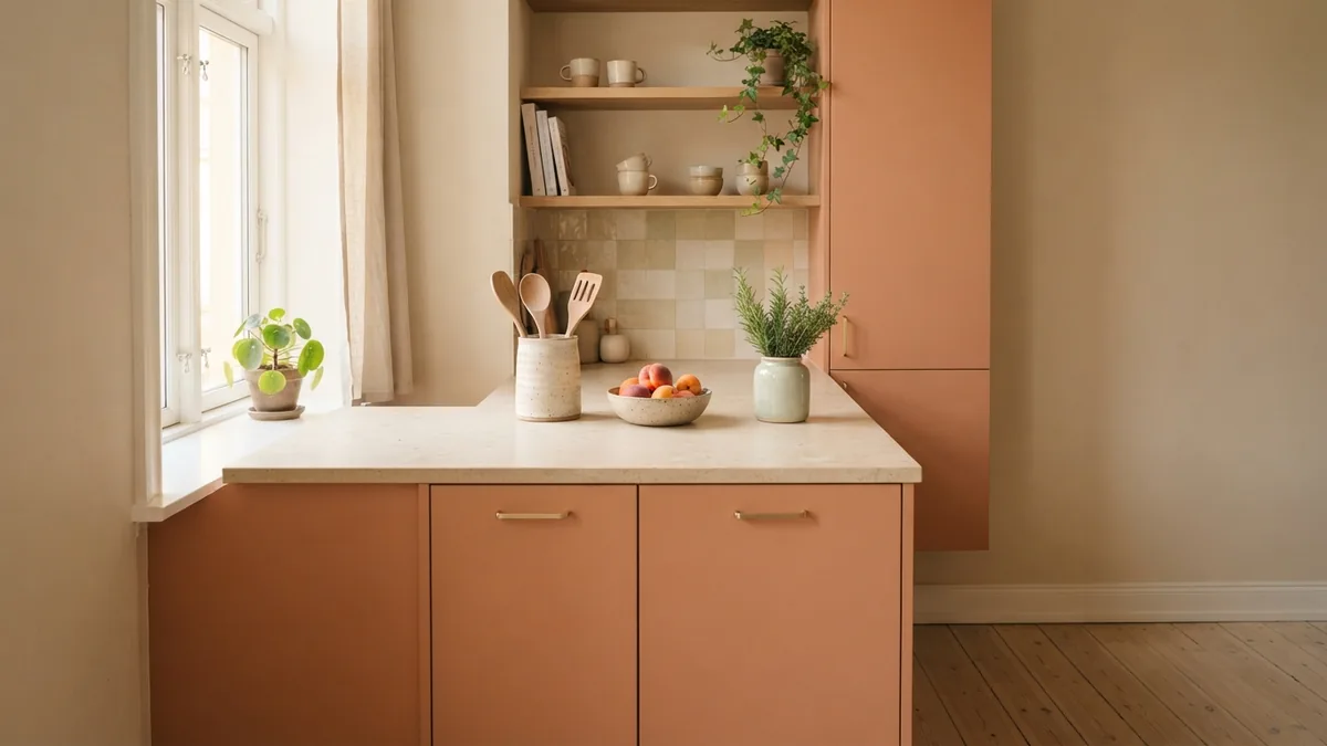 Small kitchen counter and cabinets in soft neutral finishes