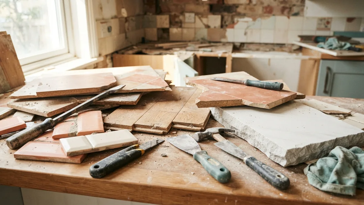 Kitchen demolition materials showing tile, laminate, wood, and stone removal needs