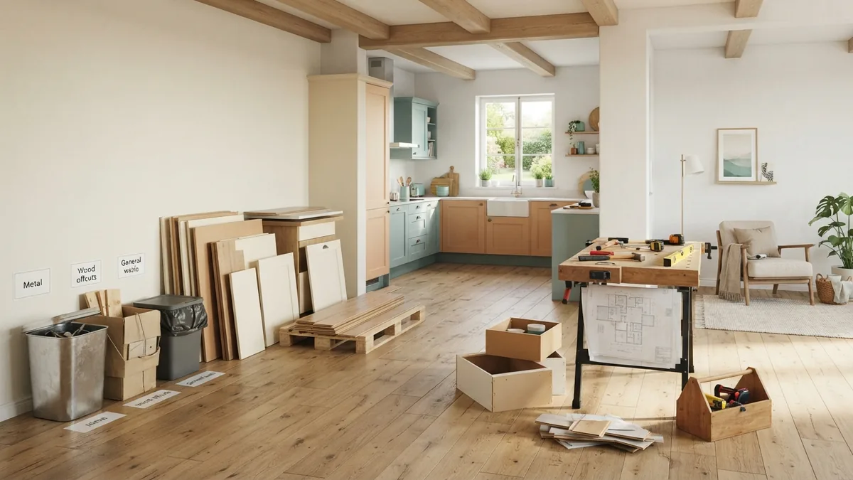 Kitchen demo waste and cost planning Sorted kitchen demolition waste and removed cabinets ready for disposal