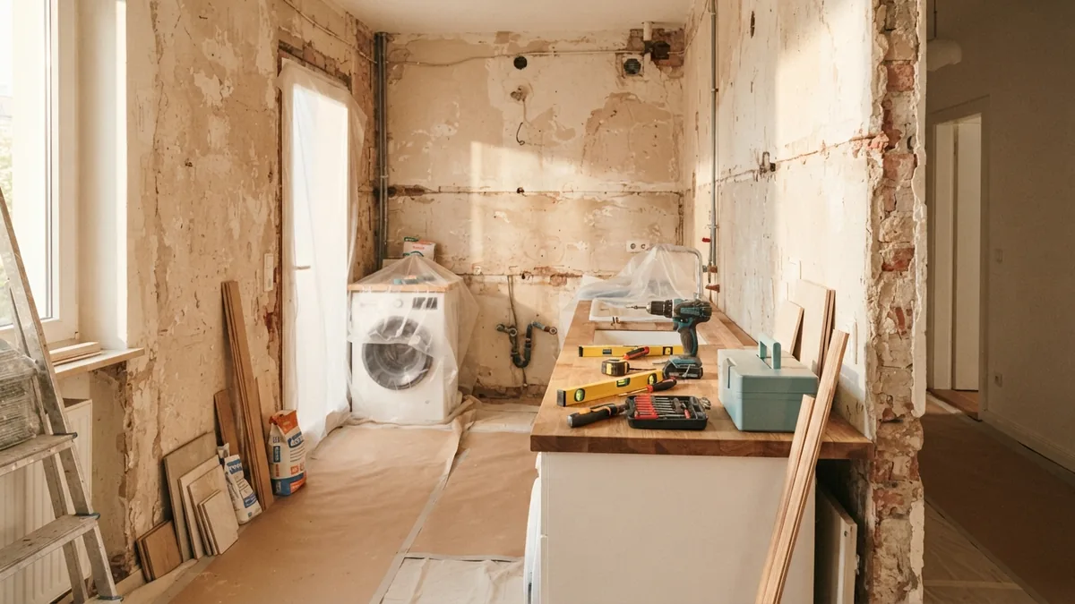 Small kitchen stripped to open walls during a planned demolition project