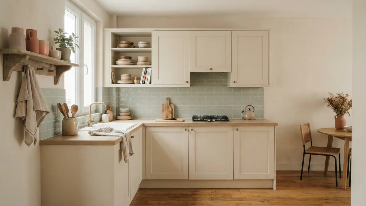 Compact kitchen using warm white walls and cream cabinets to create a brighter, more open feel
