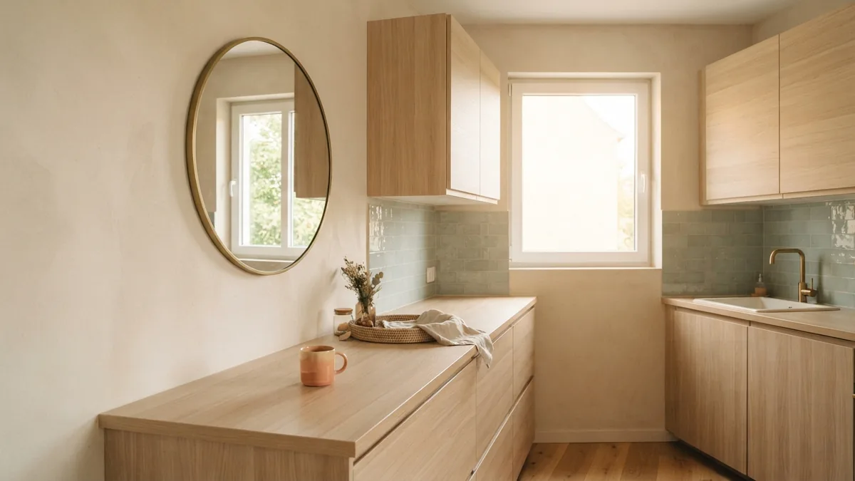 Small kitchen with a wall mirror and glazed tile reflecting soft daylight