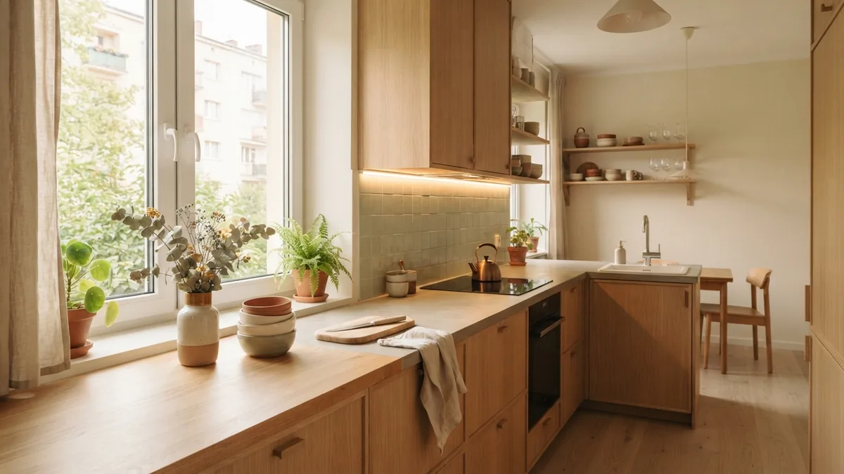 Layered lighting for a brighter kitchen Small kitchen with clear window light and soft task lighting over the worktop
