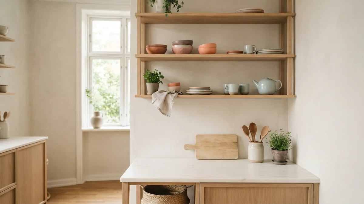 Open shelves with neatly arranged ceramics above a clear counter in a small kitchen