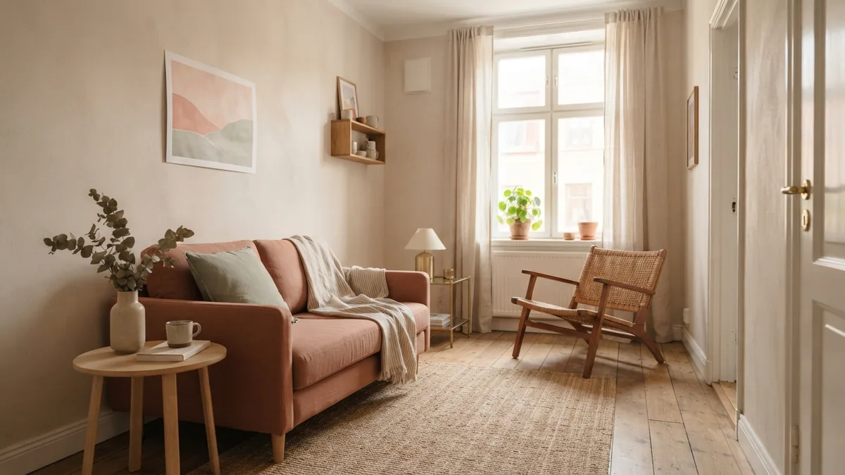 Small sofa and clear walking path Compact sofa and slim side table leave a clear path through a small living room