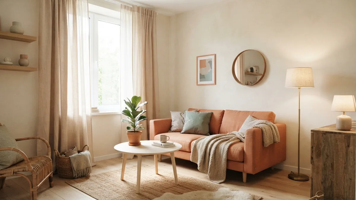 Soft colors and layered living room light Warm cream living room with layered lamps and a bright window