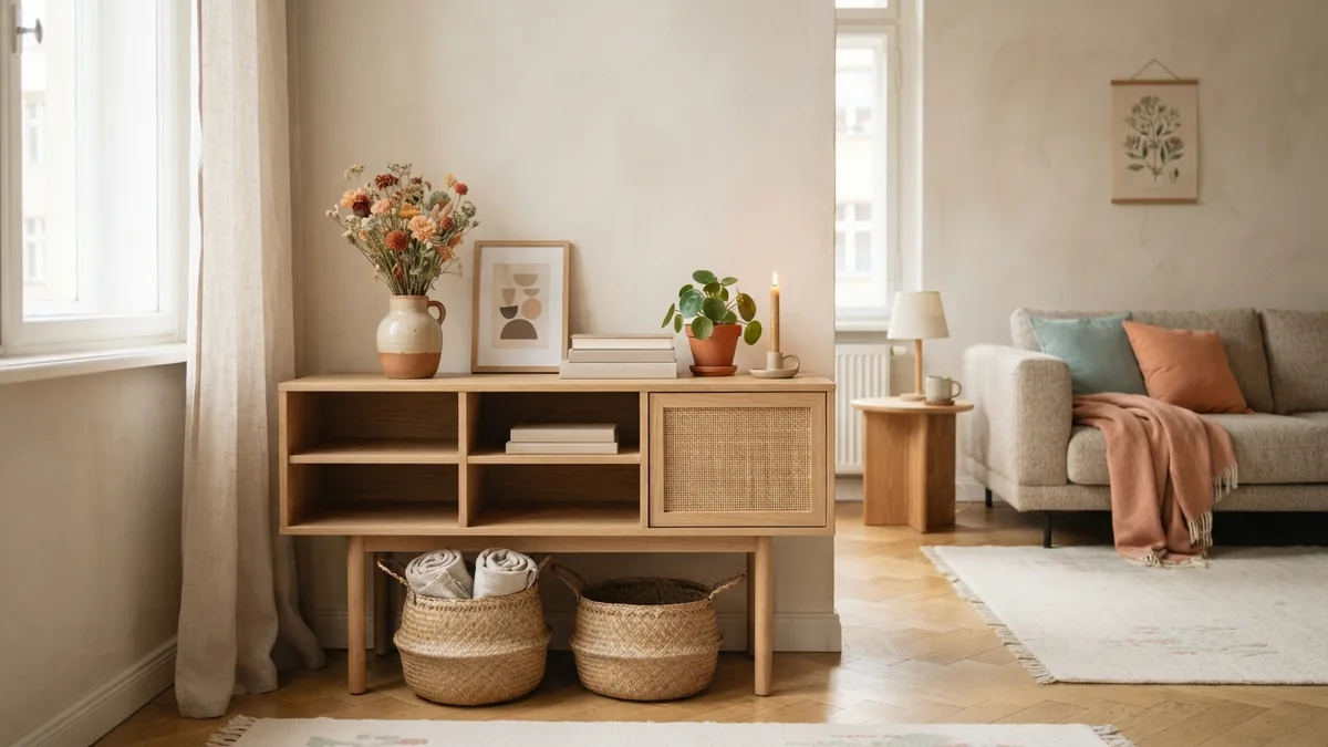 Tidy living room storage with open shelf space Low oak storage cabinet and open shelves in a tidy apartment living room