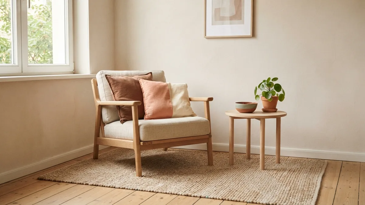 A calm seating area with a well-sized rug Small living room seating area with a woven rug and simple decor