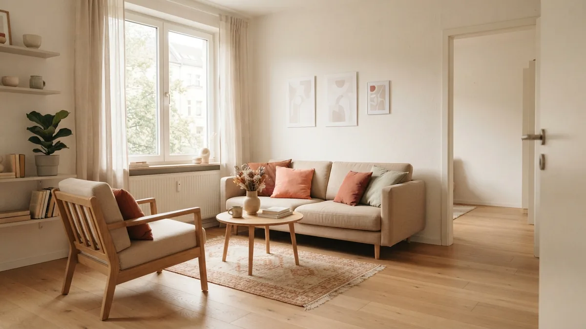 Small living room seating arranged around a rug with an open path through the space
