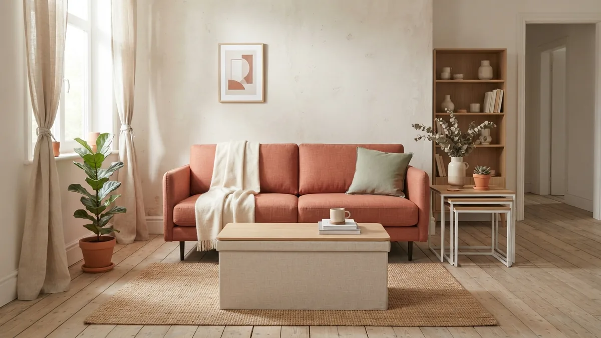 Compact living room with nesting tables, a storage ottoman, and a slim sofa