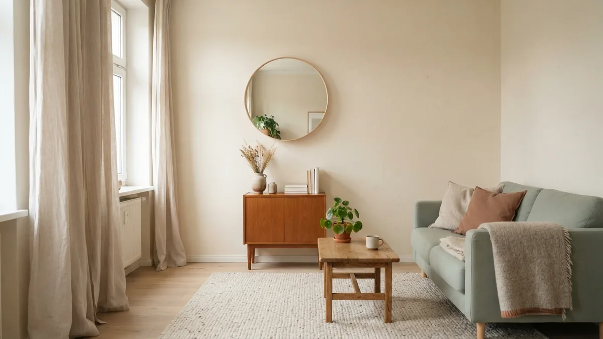 Small cream living room with linen curtains and a mirror reflecting soft daylight