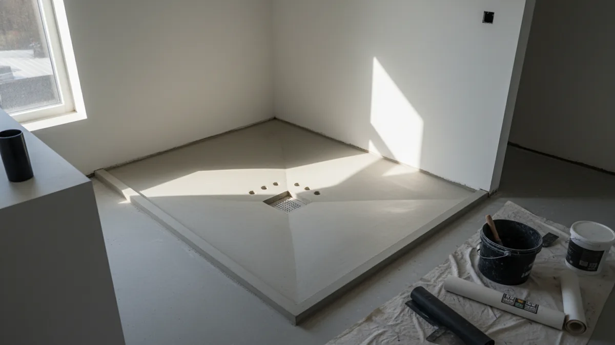 Renovation stage showing prepared floor slope toward the drain