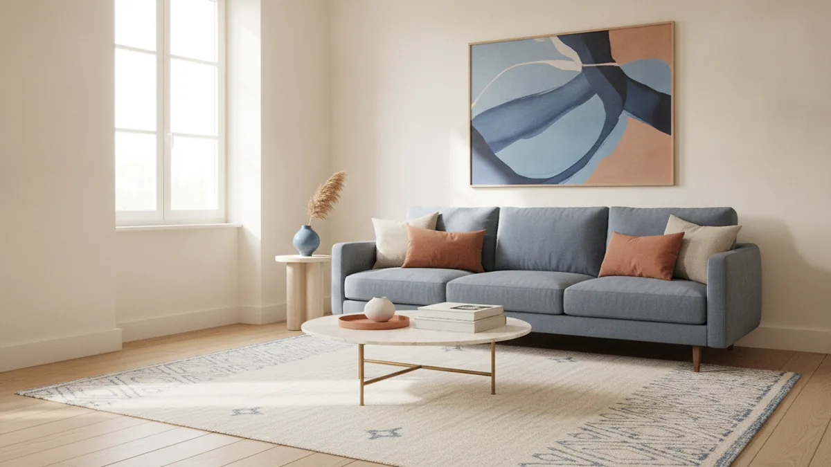 Small living room sofa placed along a long wall with open floor space
