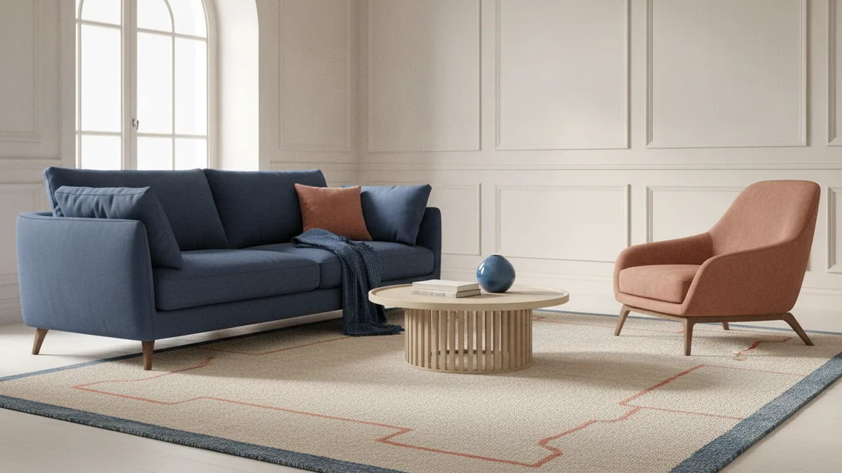 Comfortable conversational seating Conversation area with sofa, angled chair, rug, and central coffee table