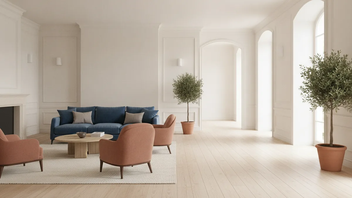 Clear walkway around living room seating Living room furniture arranged with a wide clear walkway around the seating