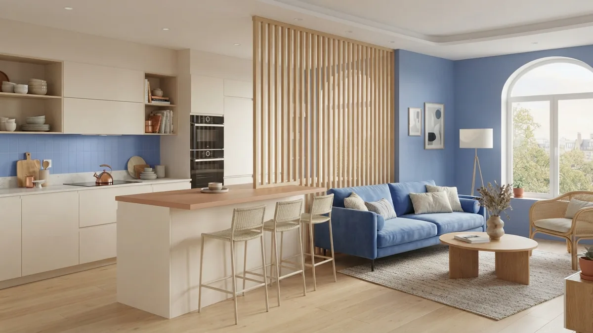 Bright open-plan interior showing a layered room divider between zones