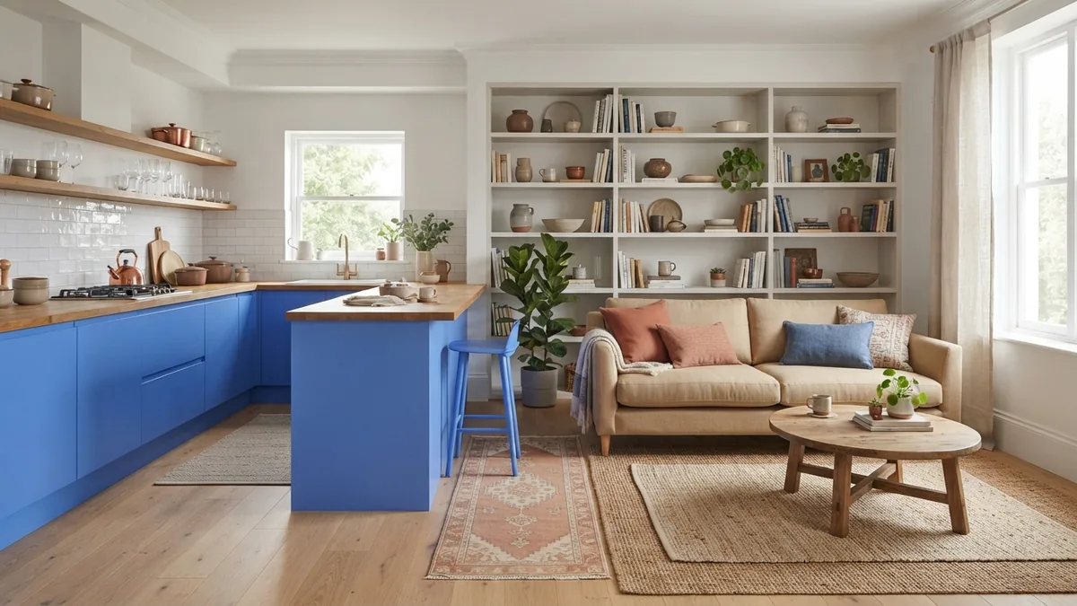 Bookcase, sofa, and rug arranged to separate kitchen and living areas