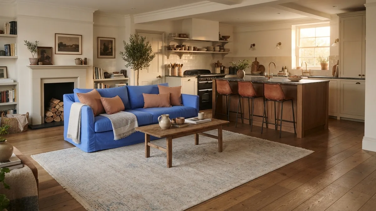 Furniture zoning in an open room Sofa and rug forming a clear boundary beside a kitchen island