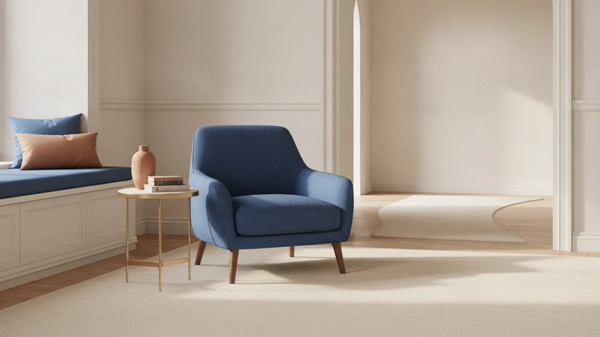 Living room corner with compact seating and storage furniture arranged around a clear walkway