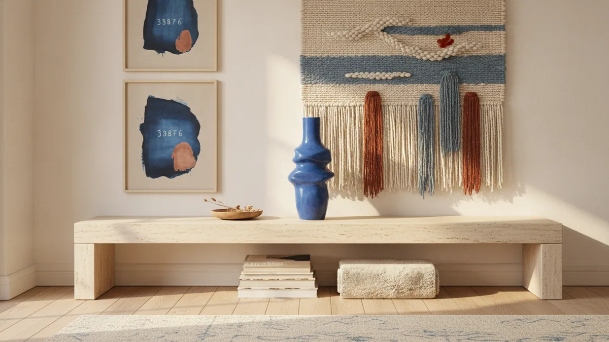 Decorated living room corner with a vase, framed art, woven wall hanging, and warm textures