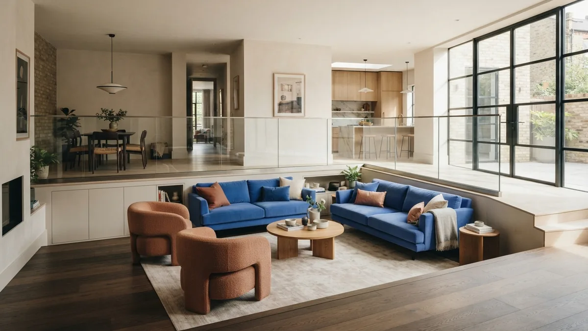 Open-plan sunken living room with defined seating and visible floor level changes