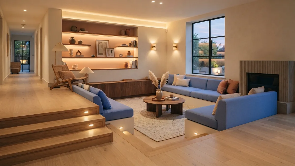 Sunken living room showing safe steps, edge lighting, and balanced furniture scale