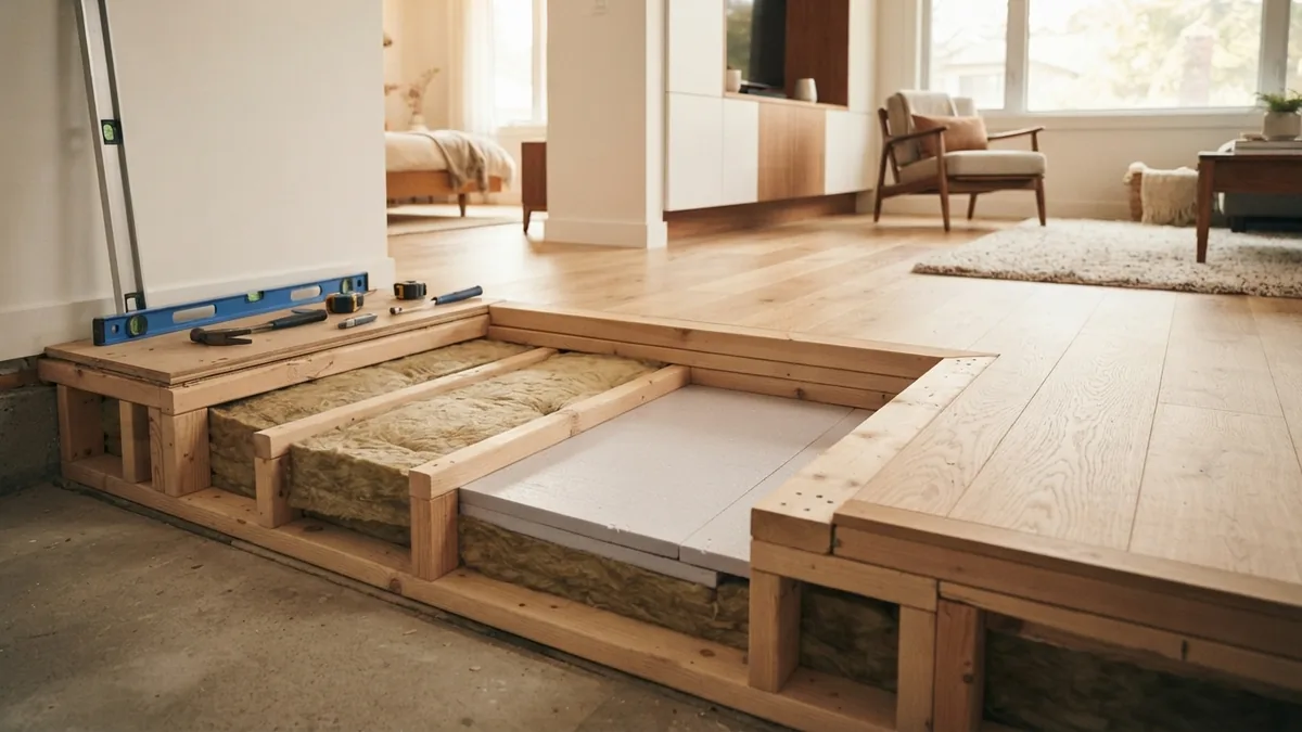 Sunken living room construction detail with framed floor edge and layered materials