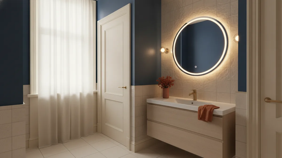 Small navy bathroom with bright lighting, pale trim, and reflective tile surfaces