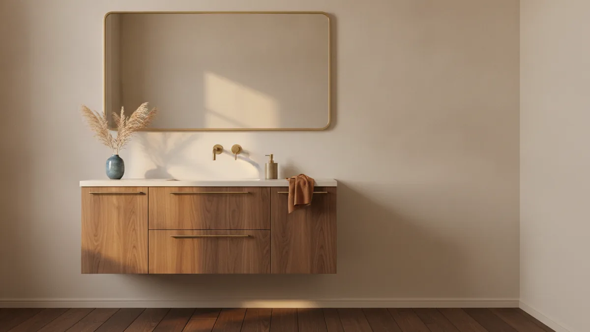 Walnut vanity with dark floor and brass Warm bathroom vanity beside dark flooring with cream walls and aged brass hardware