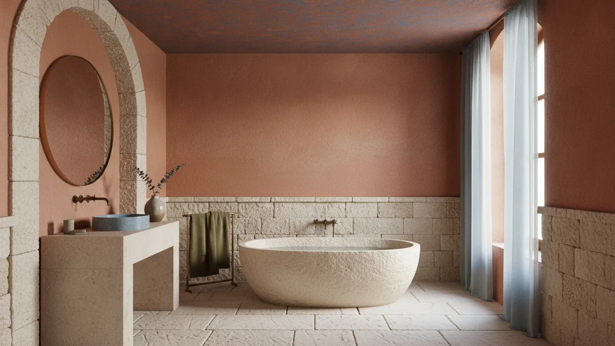 Earthy terracotta bathroom with painted ceiling Earthy terracotta bathroom with olive accents, stone surfaces, and a painted ceiling