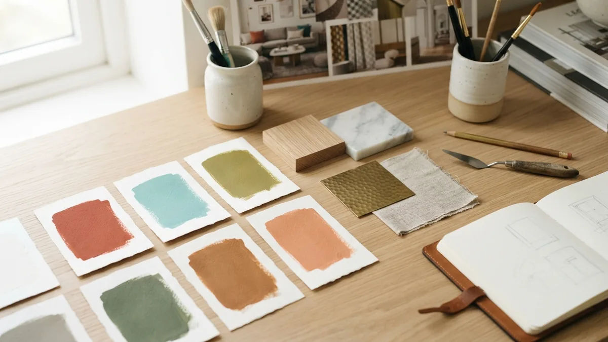 Accent colour and material samples Kitchen styling board showing red, green, teal, and warm brown colour pairings
