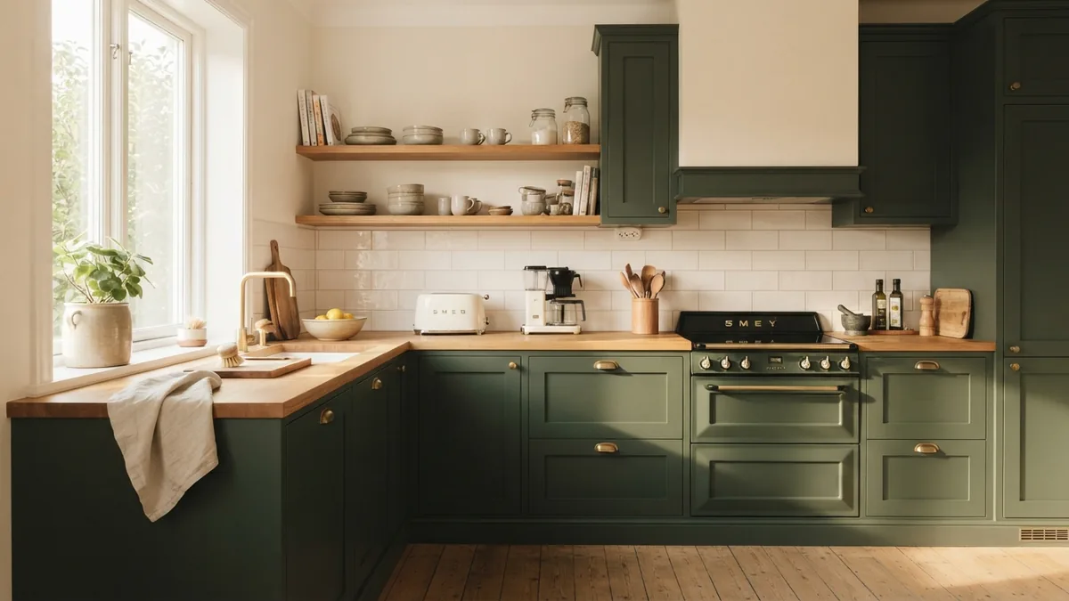 Modern kitchen with forest green cabinets, white tile, oak, and aged brass