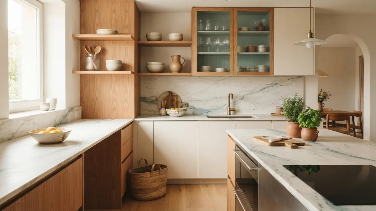 Layered textures in a monochrome kitchen Black and white kitchen with layered wood, stone, glass, and woven textures