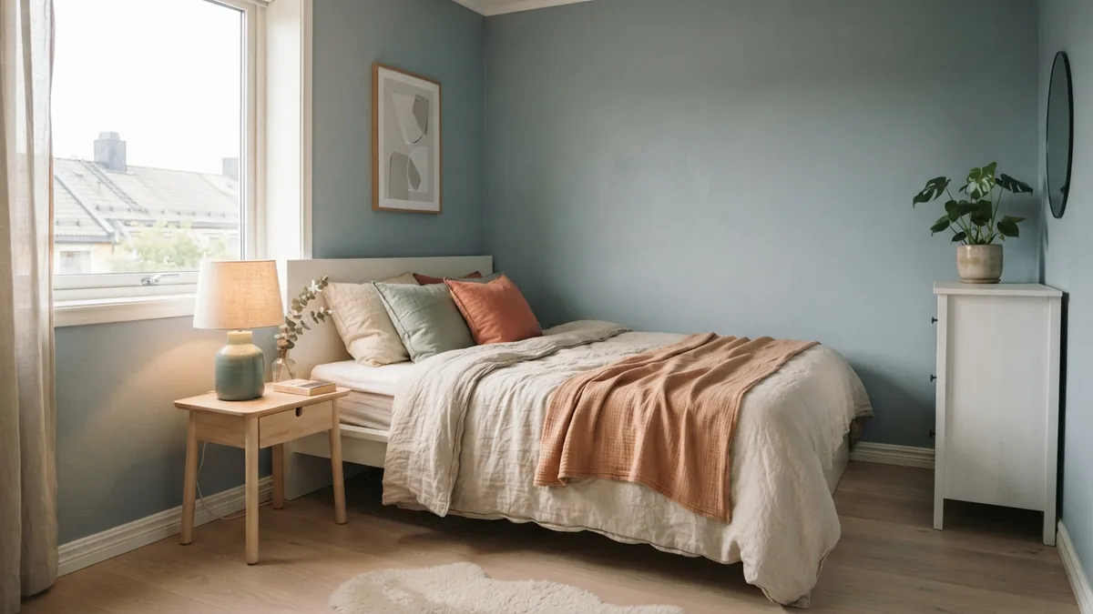 Soft blue bedroom with natural textures Scandinavian bedroom with muted blue walls, linen bedding, and pale oak details
