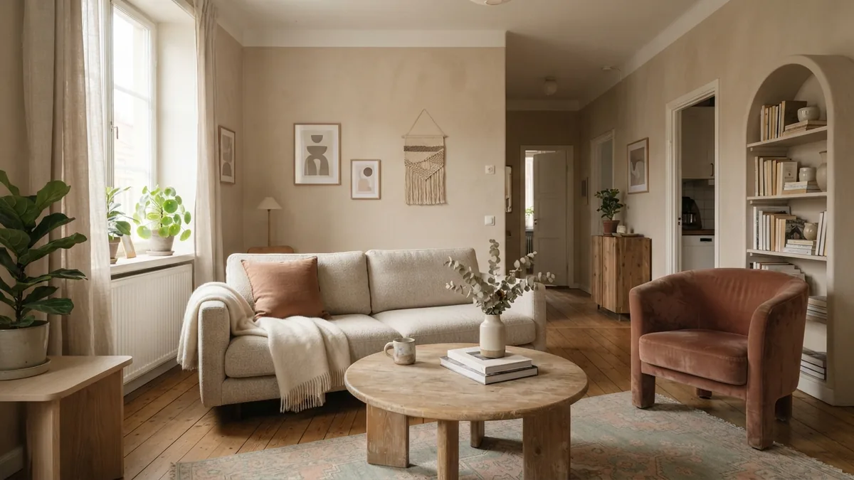 Warm neutral living room with terracotta accents Warm beige living room with terracotta accents, pale oak, and woven textiles