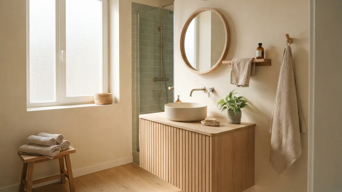 Small Japandi bathroom with warm cream walls, pale wood, and sage accents