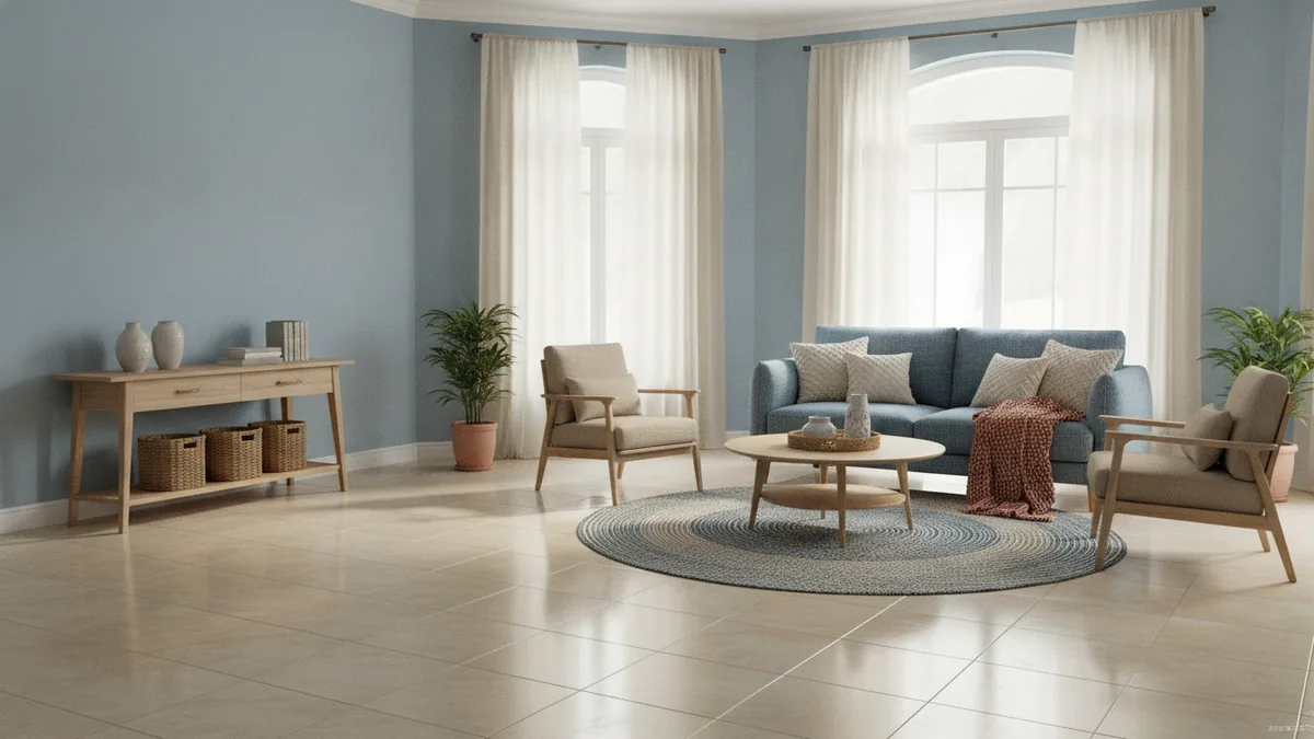 Soft blue living room with beige tile Warm living room with beige tile, soft blue walls, wood furniture, and woven textures