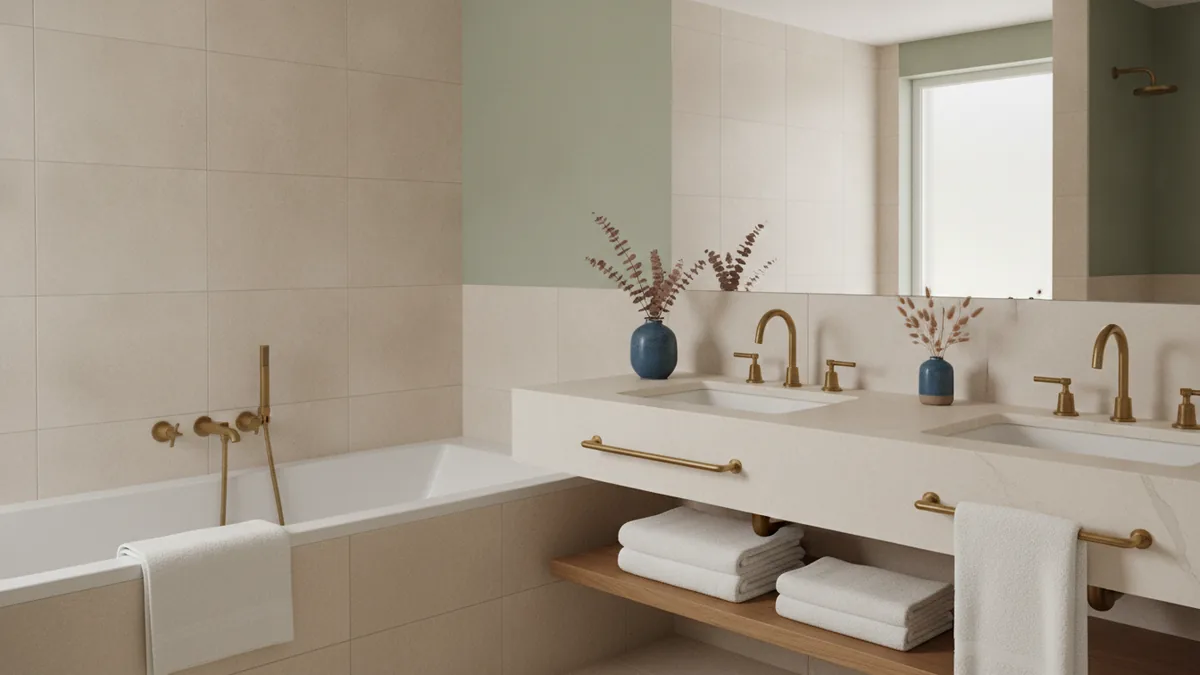 Sage bathroom with beige tile Calm bathroom with beige tile, sage walls, brass fixtures, and pale natural light