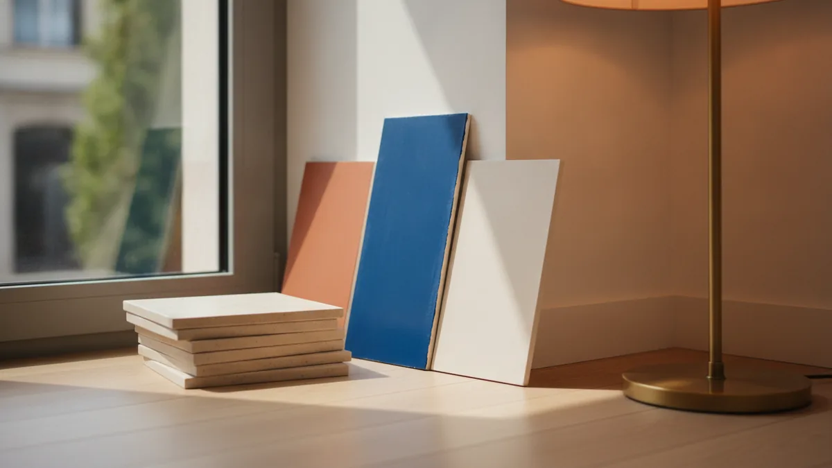 Paint sample boards beside beige tile under mixed daylight and warm evening light